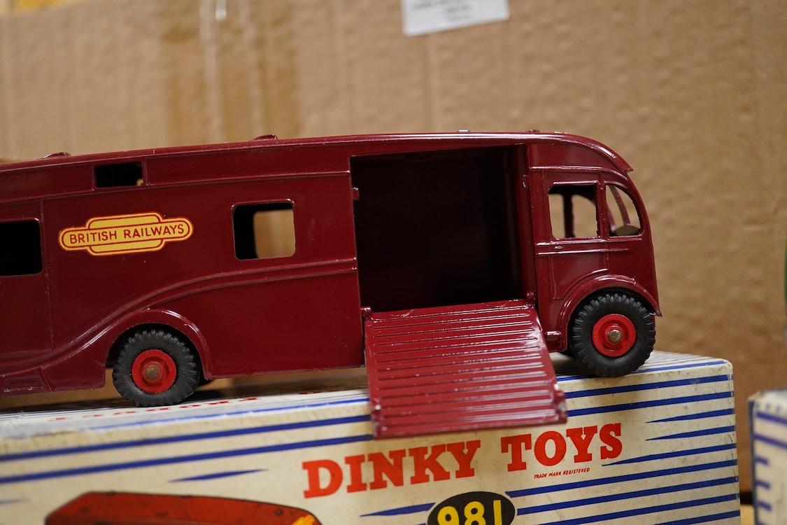 Three boxed Dinky Toys and Supertoys; a Foden FG with chains in green (905), Horse Box in BR livery (981), and a 20-ton Lorry-Mounted Coles Crane (972)